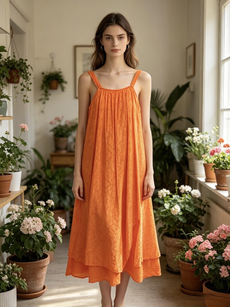 LSCRKOR Crinkle Cotton Dress Orange