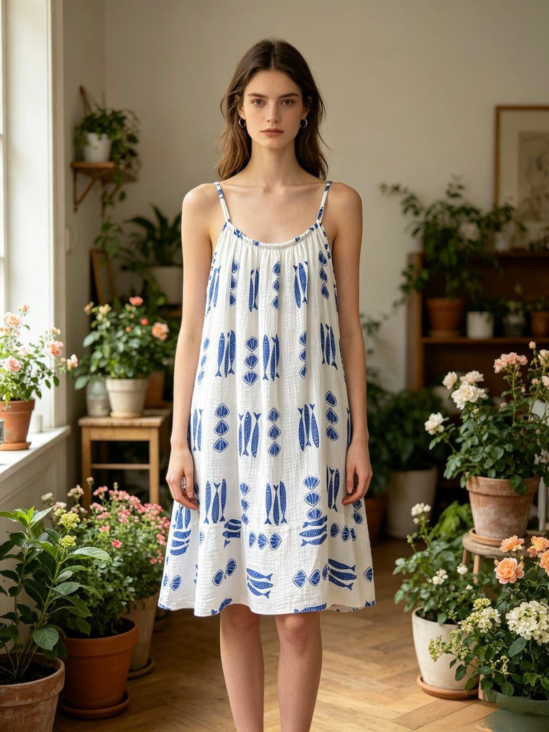 LSNAURB Nautical Print Gauze Cotton Dress Royal Blue