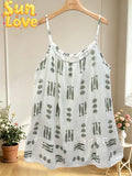 LSNAUKH Nautical Print Gauze Cotton Dress Khaki