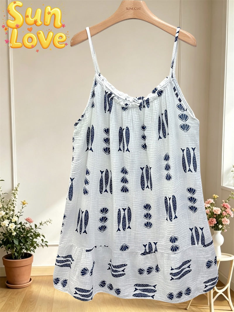 LSNAUNV Nautical Print Gauze Cotton Dress Navy