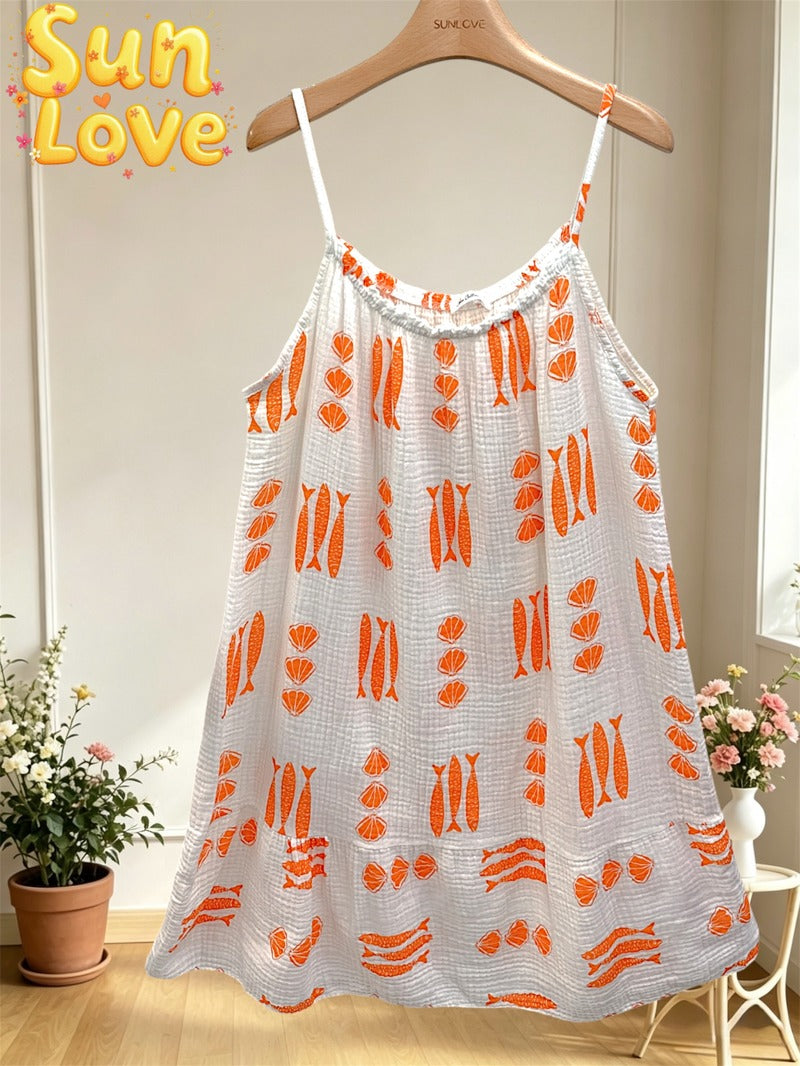 LSNAUOR Nautical Print Gauze Cotton Dress Orange