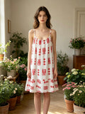 LSNAURD Nautical Print Gauze Cotton Dress Red