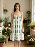 LSNAUGN Nautical Print Gauze Cotton Dress Green