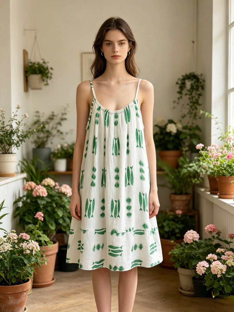 LSNAUGN Nautical Print Gauze Cotton Dress Green