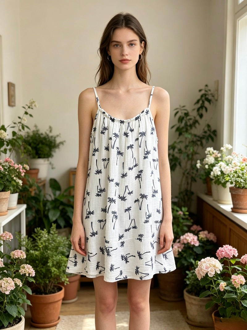 LSPLGNV Palm Print Gauze Cotton Dress Navy
