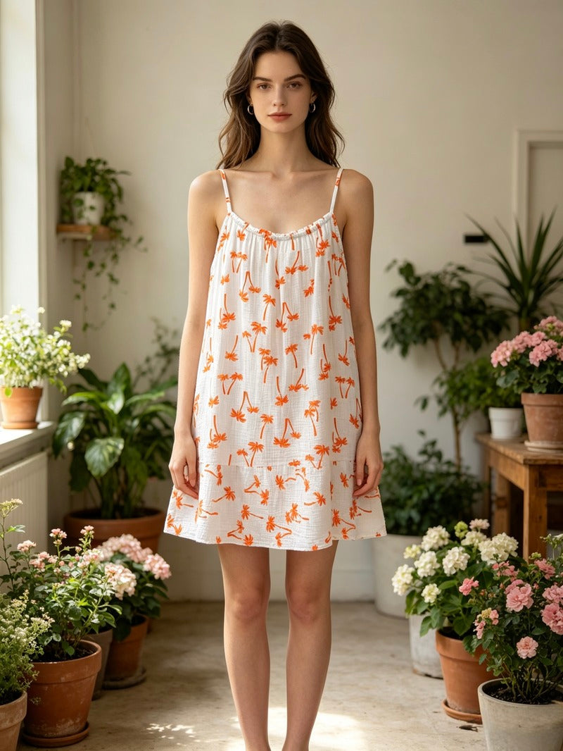 LSPLGOR Palm Print Gauze Cotton Dress Orange