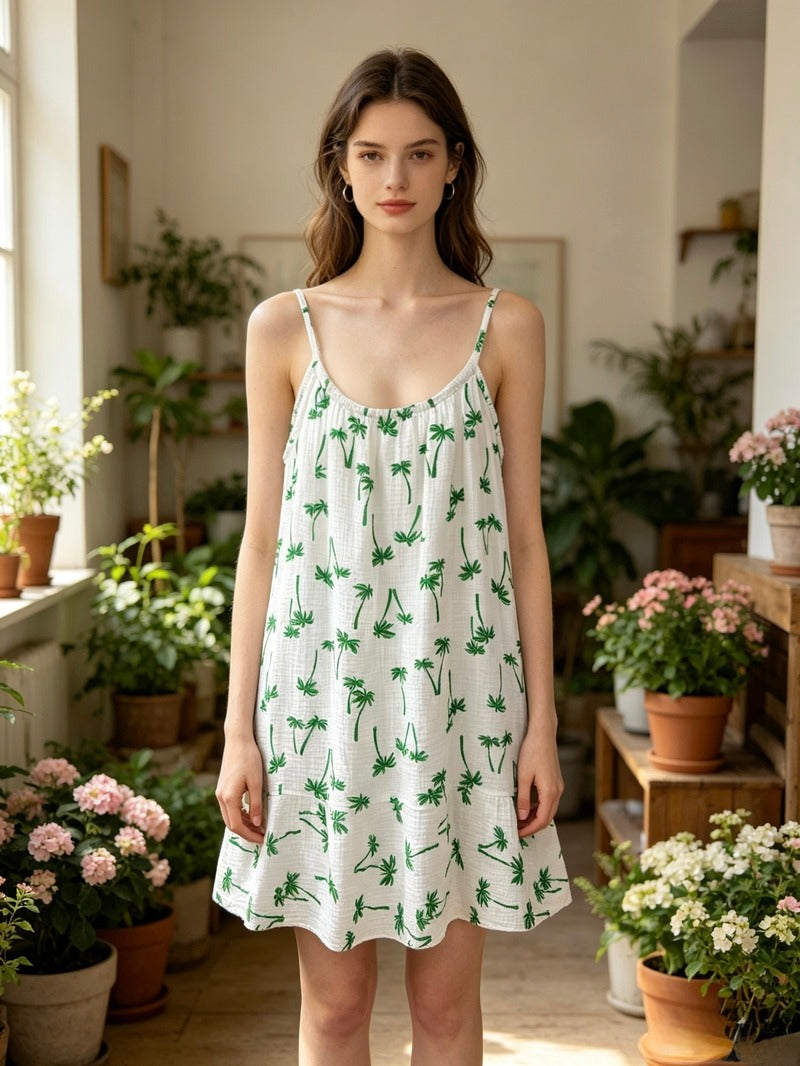 LSPLGGN Palm Print Gauze Cotton Dress Green