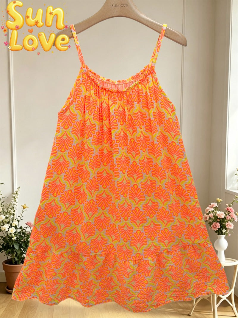 LSNPLNO Neon Palm Print Gauze Cotton Dress Neon Orange