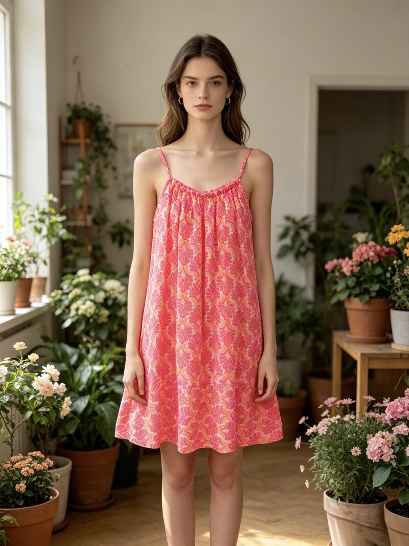 LSNPLNP Neon Palm Print Gauze Cotton Dress Neon Pink