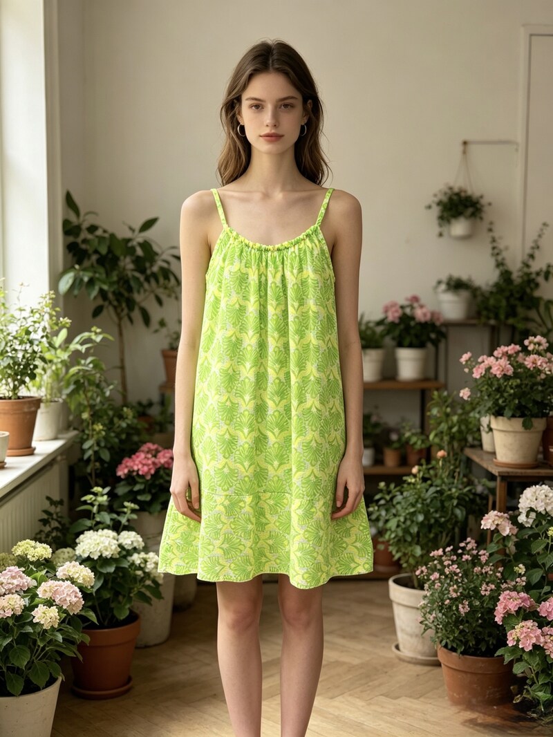 LSNPLNG Neon Palm Print Gauze Cotton Dress Neon Green