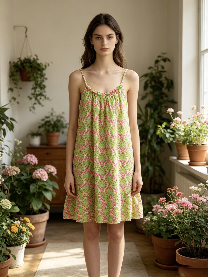 LSNPLGN Neon Palm Print Gauze Cotton Dress Green