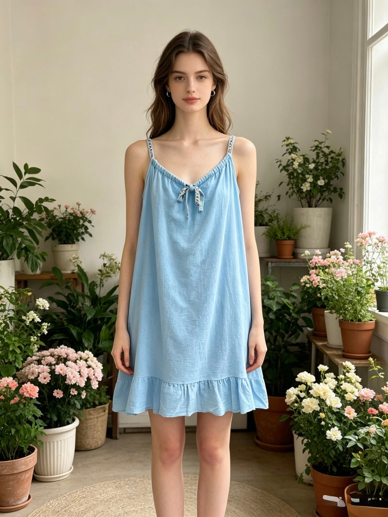 LSEMBSB Embroidered Gauze Cotton Dress Sky Blue