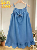 LSEMBDN Embroidered Gauze Cotton Dress Denim