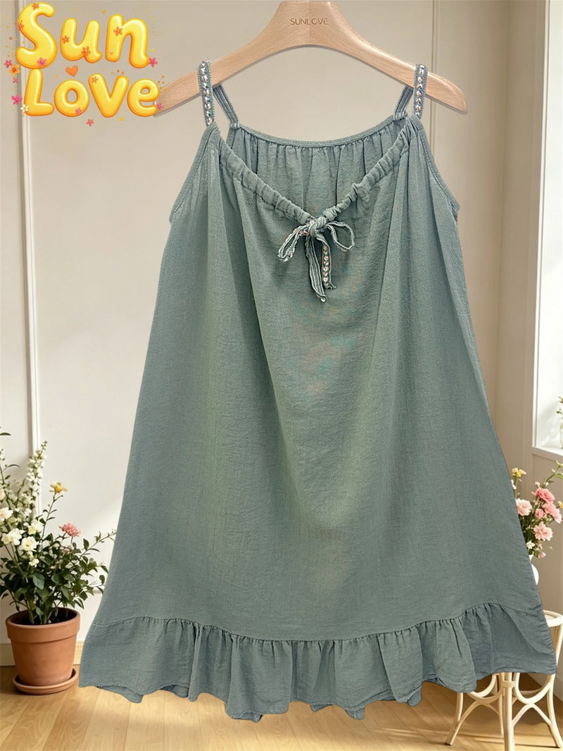 LSEMBKH Embroidered Gauze Cotton Dress Khaki