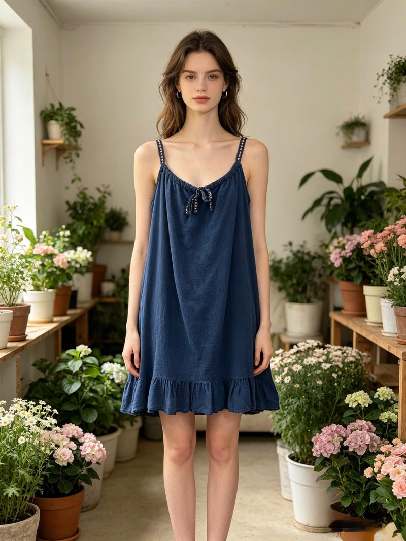 LSEMBNV Embroidered Gauze Cotton Dress Navy