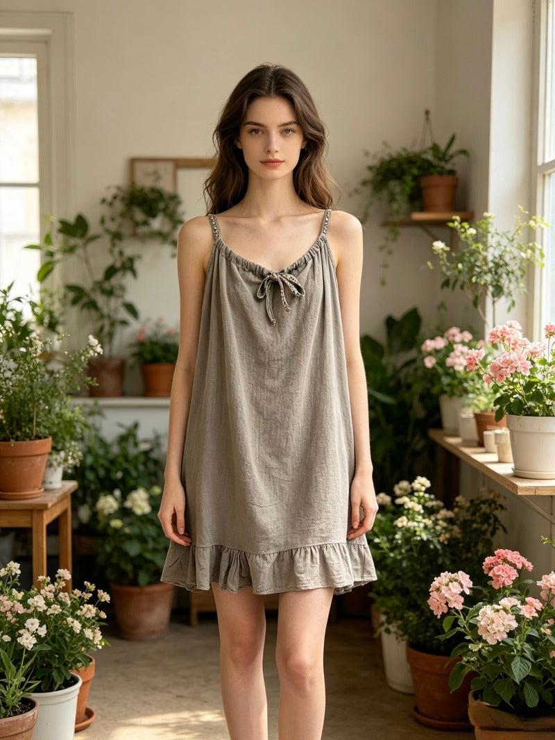 LSEMBTP Embroidered Gauze Cotton Dress Taupe