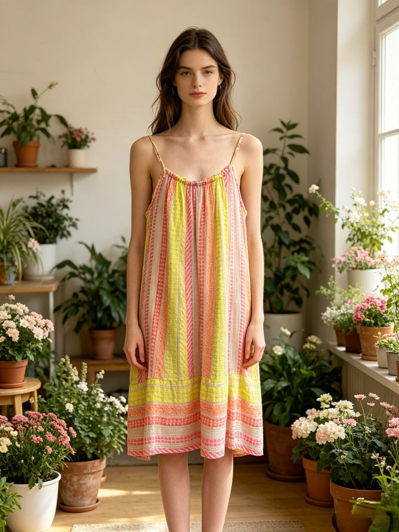 LSGEOBG Geometric Print Gauze Cotton Dress Beige