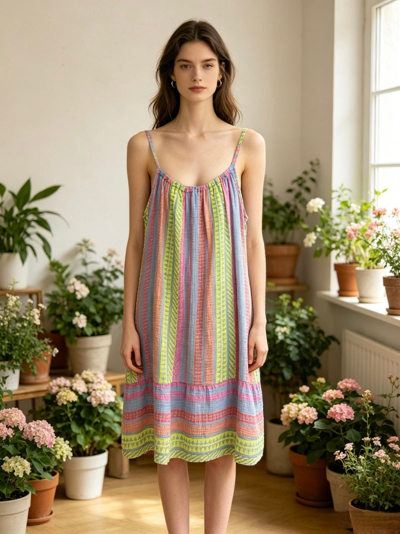 LSGEOSB Geometric Print Gauze Cotton Dress Sky Blue