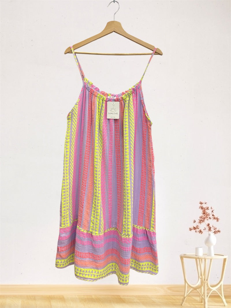 LSGEOLI Geometric Print Gauze Cotton Dress Lilac