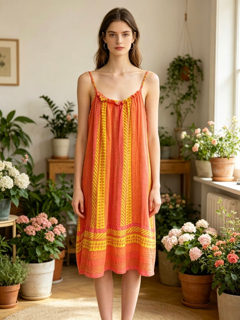 LSGEOSM Geometric Print Gauze Cotton Dress Salmon