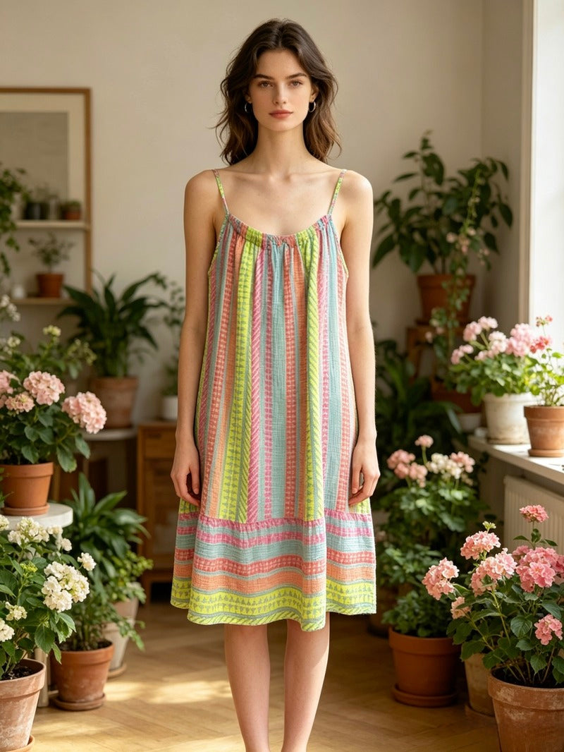 LSGEOAQ Geometric Print Gauze Cotton Dress Aqua