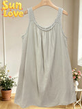 LSCROBG Crochet Strap Gauze Cotton Dress Beige
