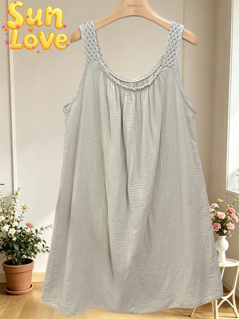 LSCROBG Crochet Strap Gauze Cotton Dress Beige