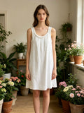 LSCROWH Crochet Strap Gauze Cotton Dress White