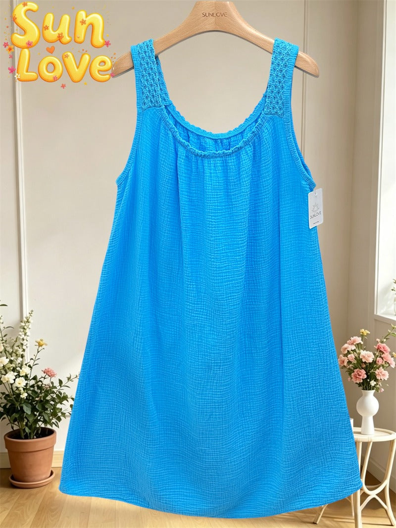 LSCROCY Crochet Strap Gauze Cotton Dress Cyan