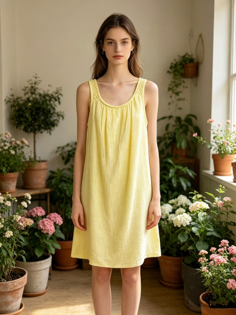 LSCROYL Crochet Strap Gauze Cotton Dress Yellow