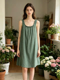 LSCROKH Crochet Strap Gauze Cotton Dress Khaki