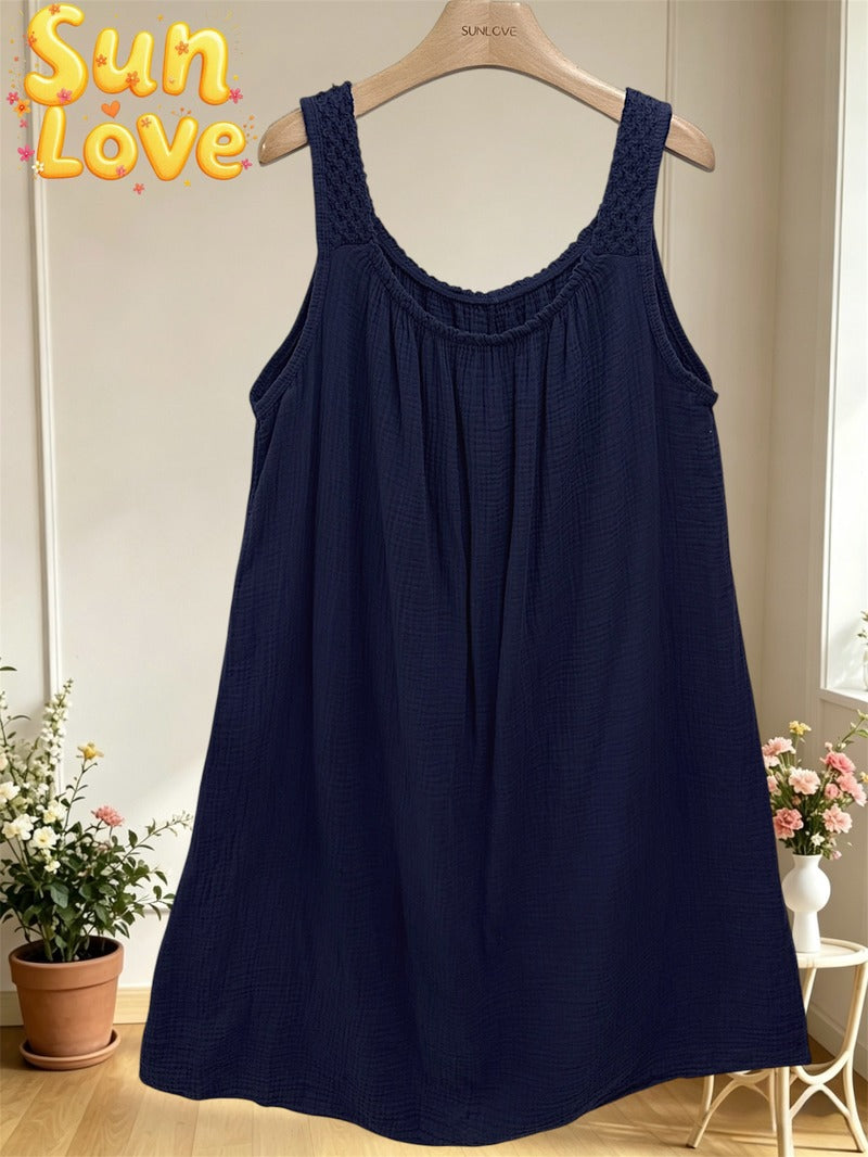 LSCRONV Crochet Strap Gauze Cotton Dress Navy