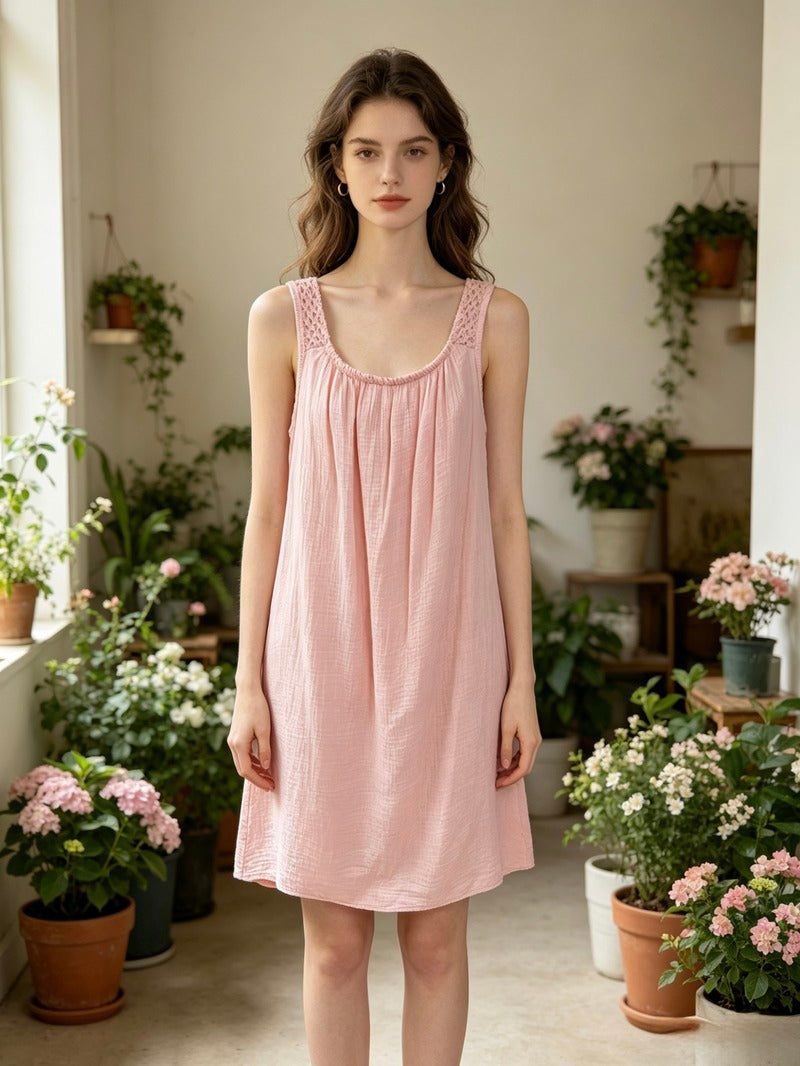 LSCROPK Crochet Strap Gauze Cotton Dress Pink