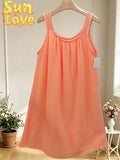LSCROSM Crochet Strap Gauze Cotton Dress Salmon