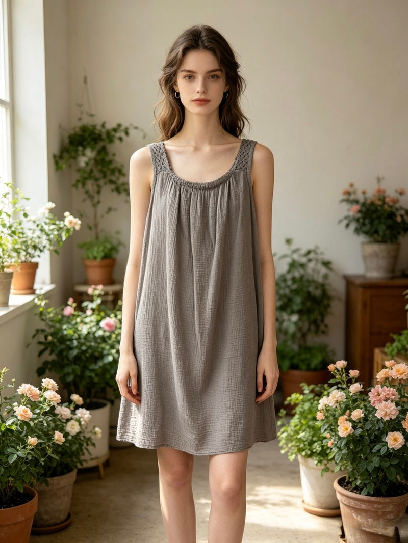 LSCROTP Crochet Strap Gauze Cotton Dress Taupe