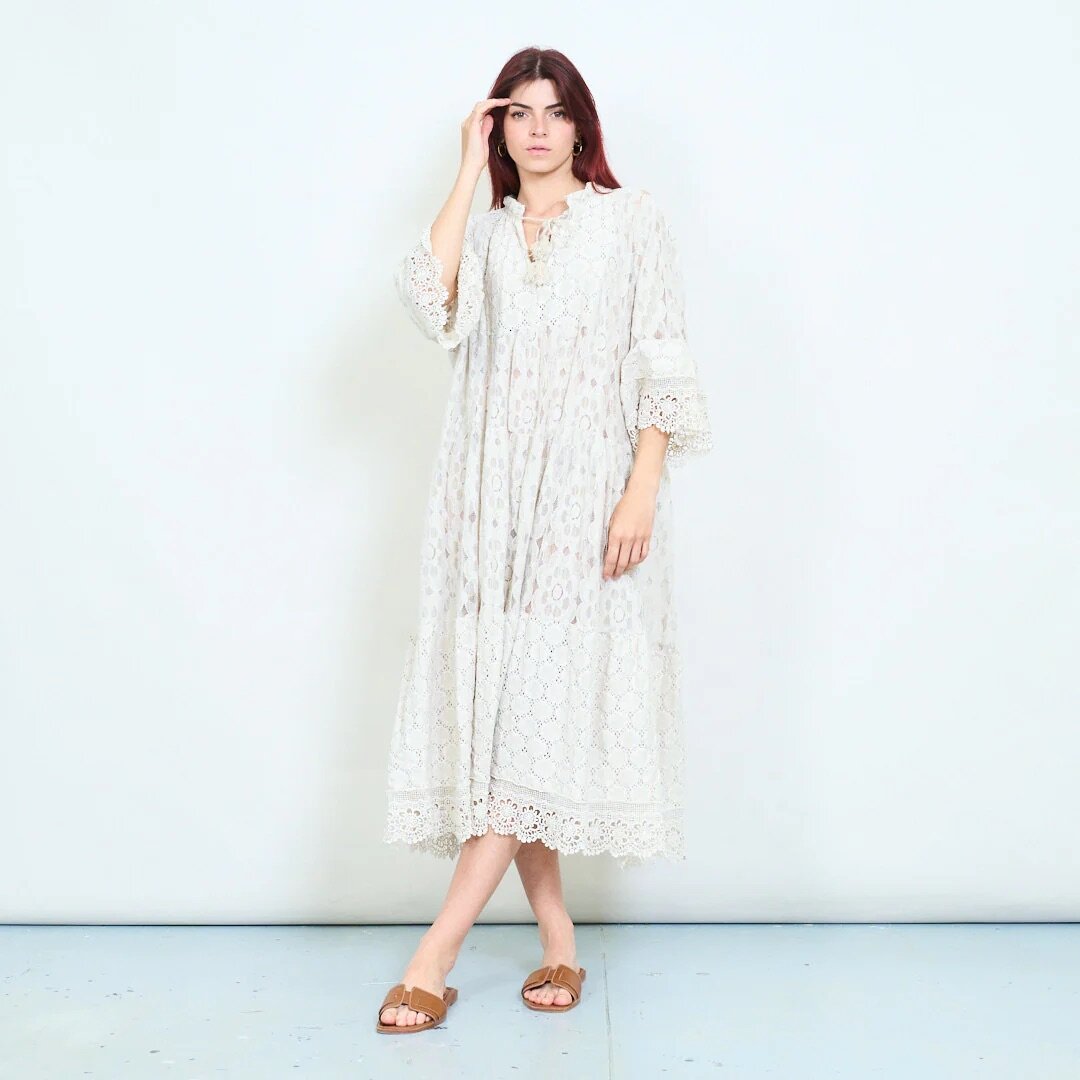 TDLRM Lace Ruffle Maxi Dress — Beige