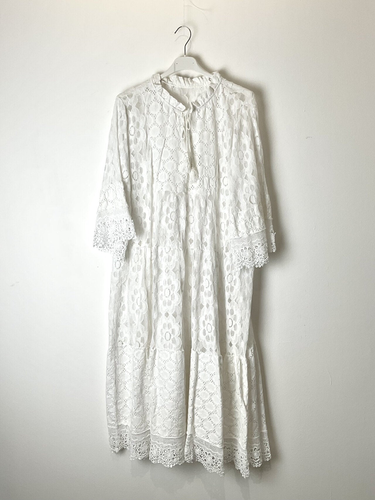 TDLRM Lace Ruffle Maxi Dress — White