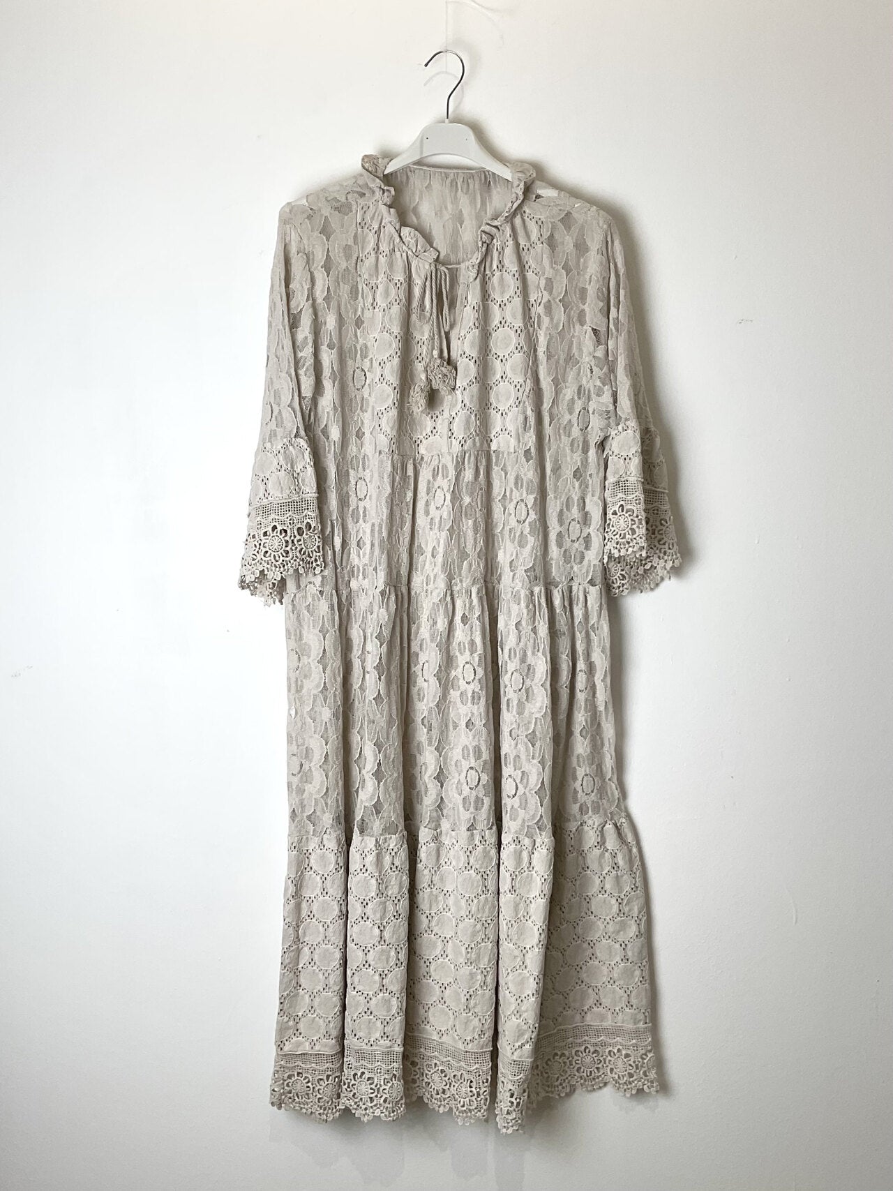 TDLRM Lace Ruffle Maxi Dress — Taupe