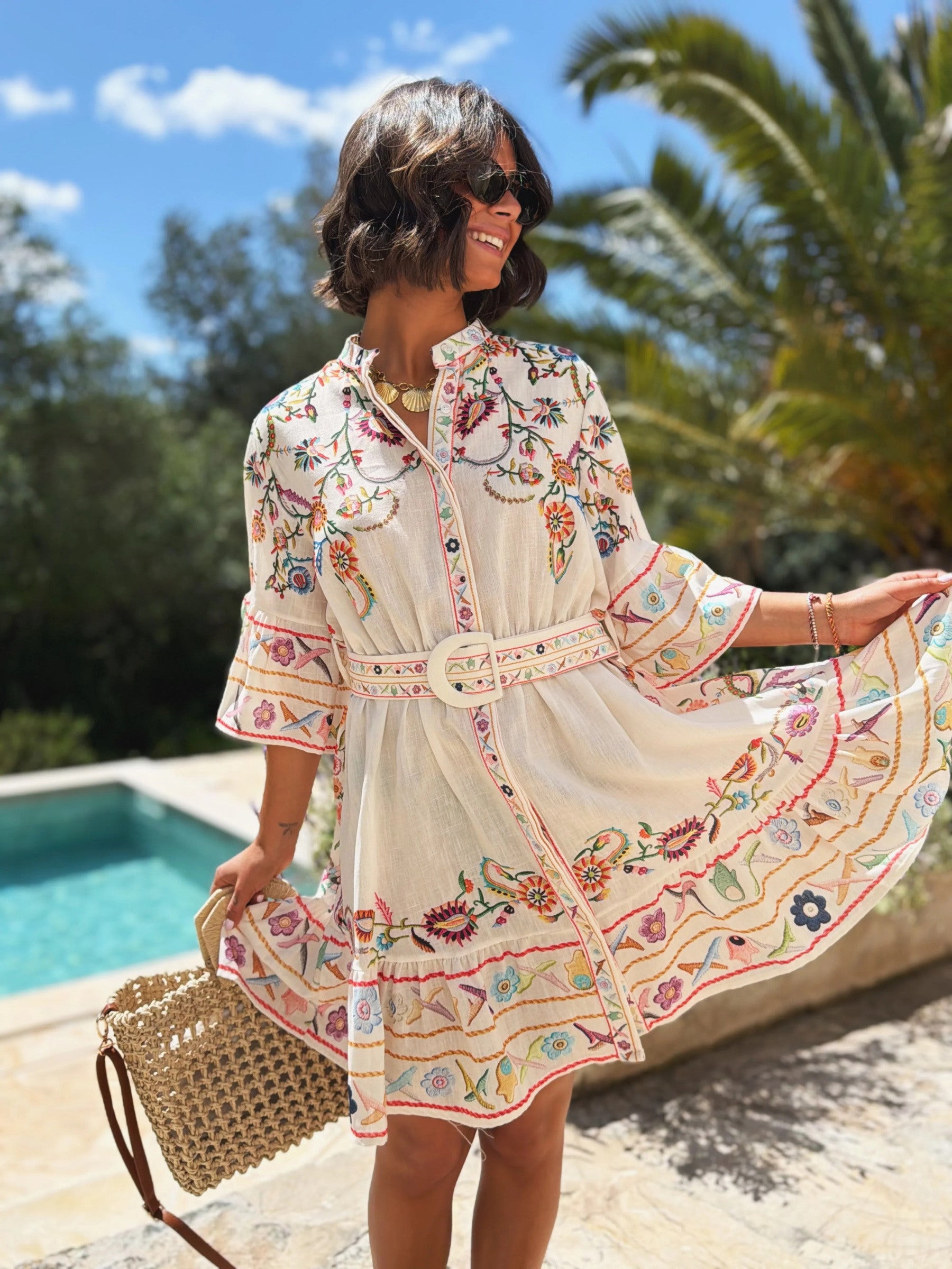 ESTRDWH Printed Ruffle Shirt Dress White