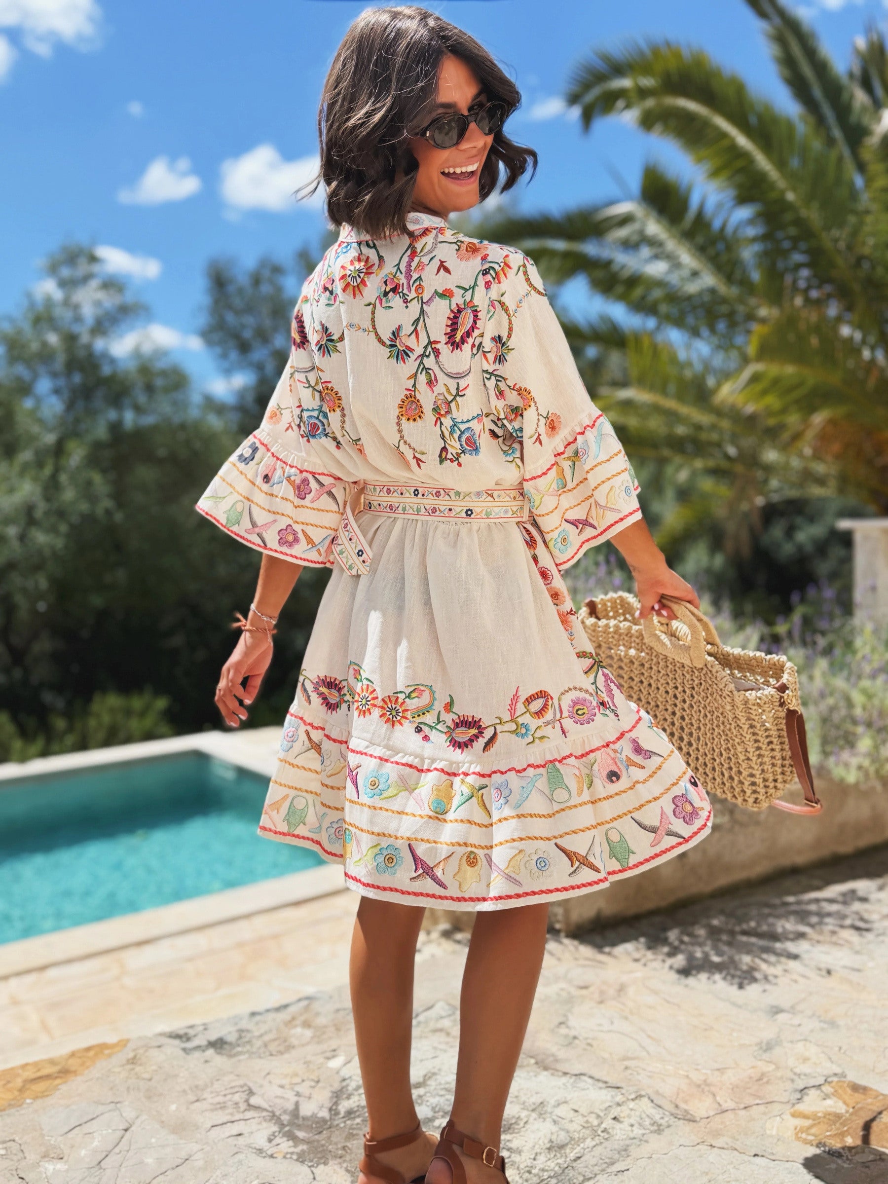 ESTRDWH Printed Ruffle Shirt Dress White