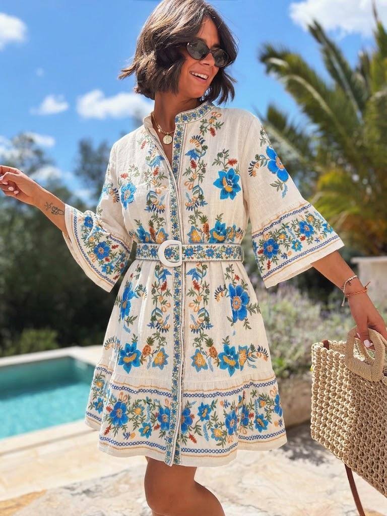 ESTRDBU Printed Ruffle Shirt Dress Blue