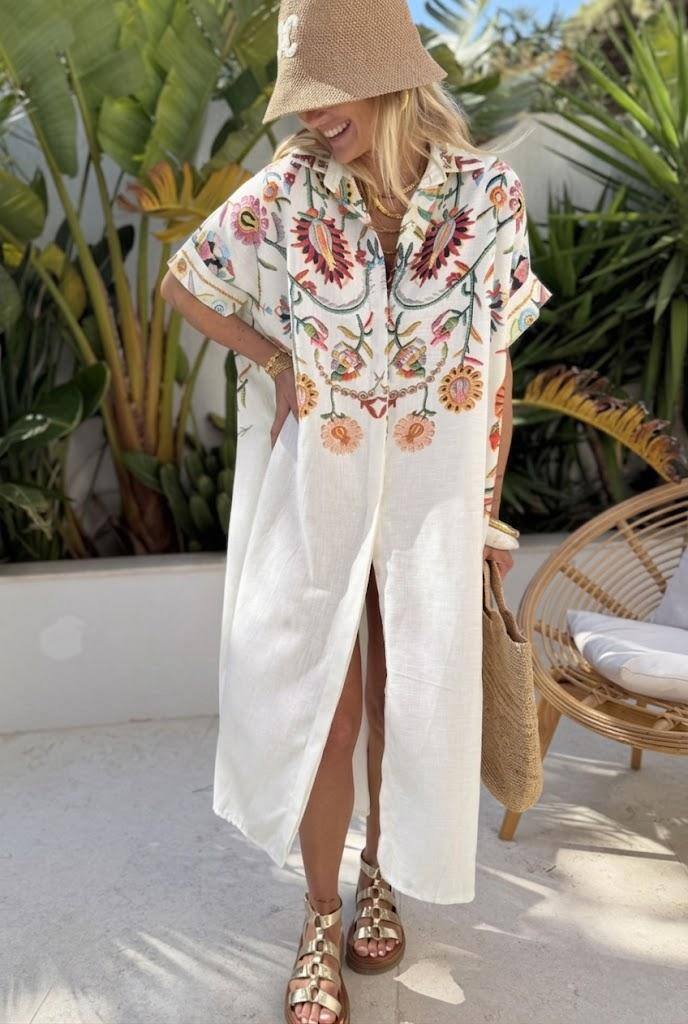 ESTOSDWH Cotton Oversized Printed Shirt Dress White