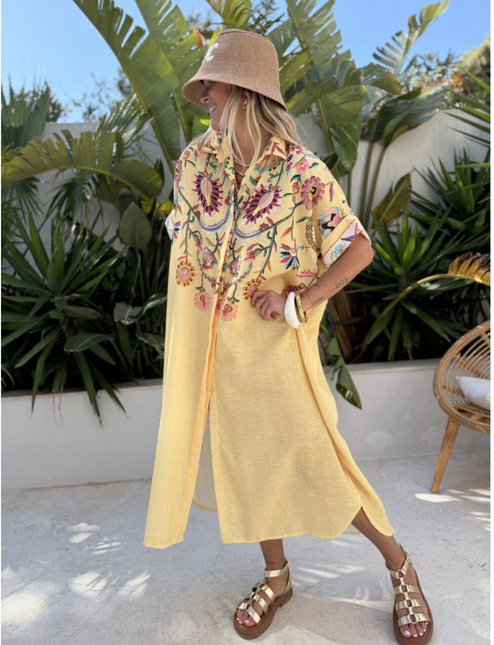 ESTOSDLY Cotton Oversized Printed Shirt Dress Light Yellow
