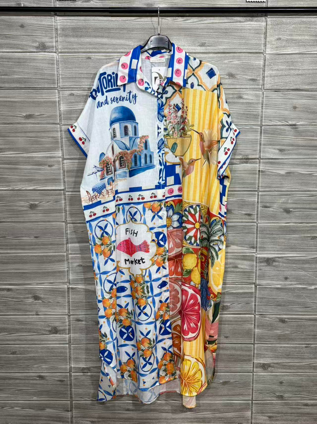ZOSD1WH Mediterranean Print Shirt Dress White
