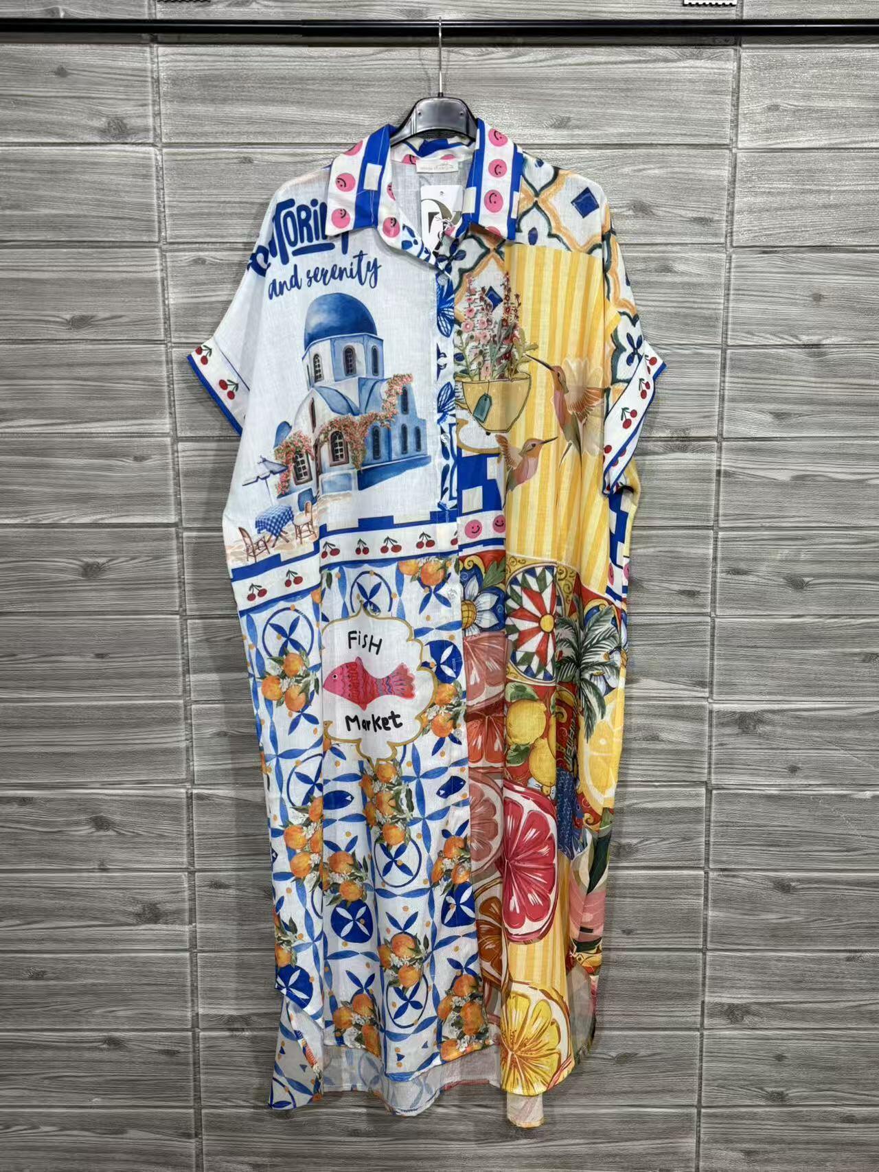 ZOSD1WH Mediterranean Print Shirt Dress White
