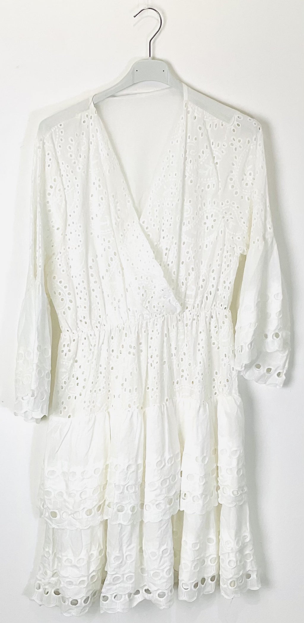 TDWNE Short Dress Wrap Neckline Eyelet — White