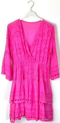 TDWNE Short Dress Wrap Neckline Eyelet — Magenta