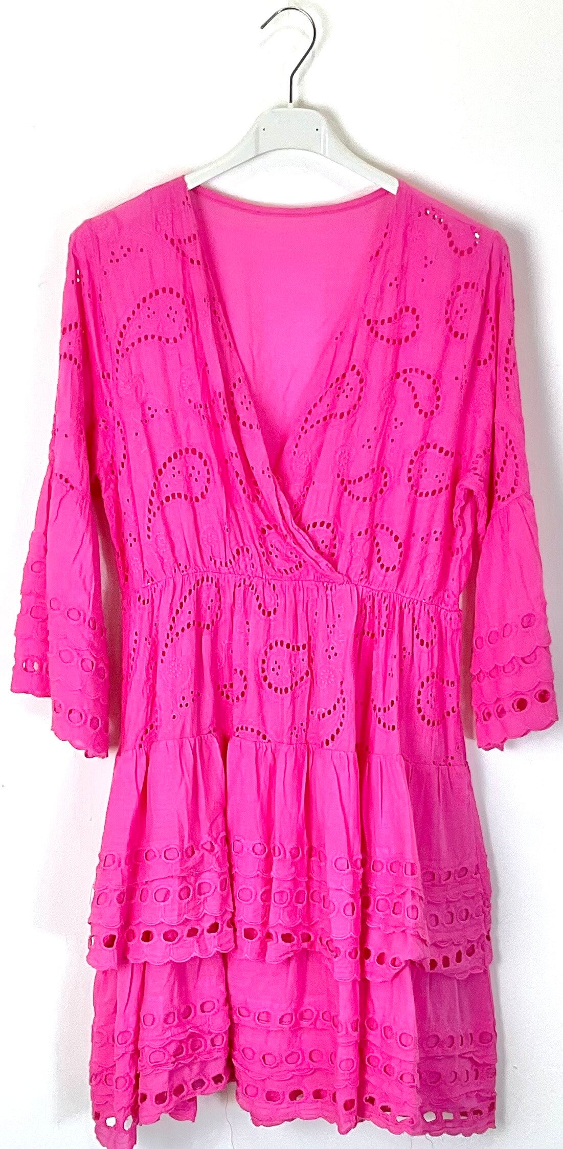 TDWNE Short Dress Wrap Neckline Eyelet — Magenta
