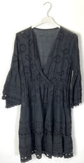 TDWNE Short Dress Wrap Neckline Eyelet — Black