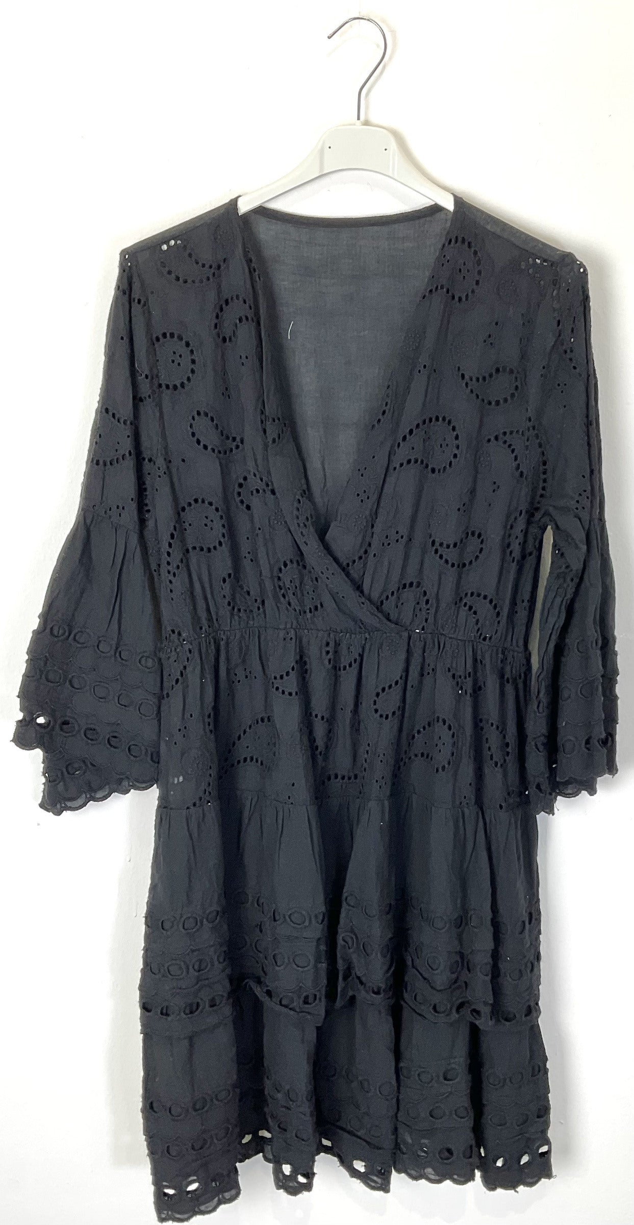 TDWNE Short Dress Wrap Neckline Eyelet — Black